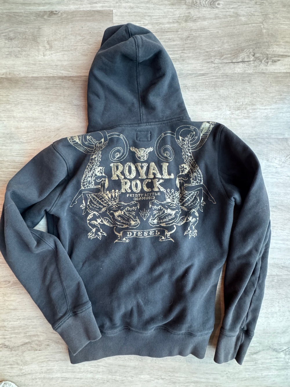 Diesel Y2K Black Hoodie with Gold 'Royal Rock' Crest Sz M